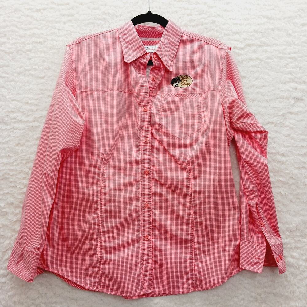 Blouse Button Up Fishing Shirt Coral Gingham Coastal Preppy Outdoor Sport Size M